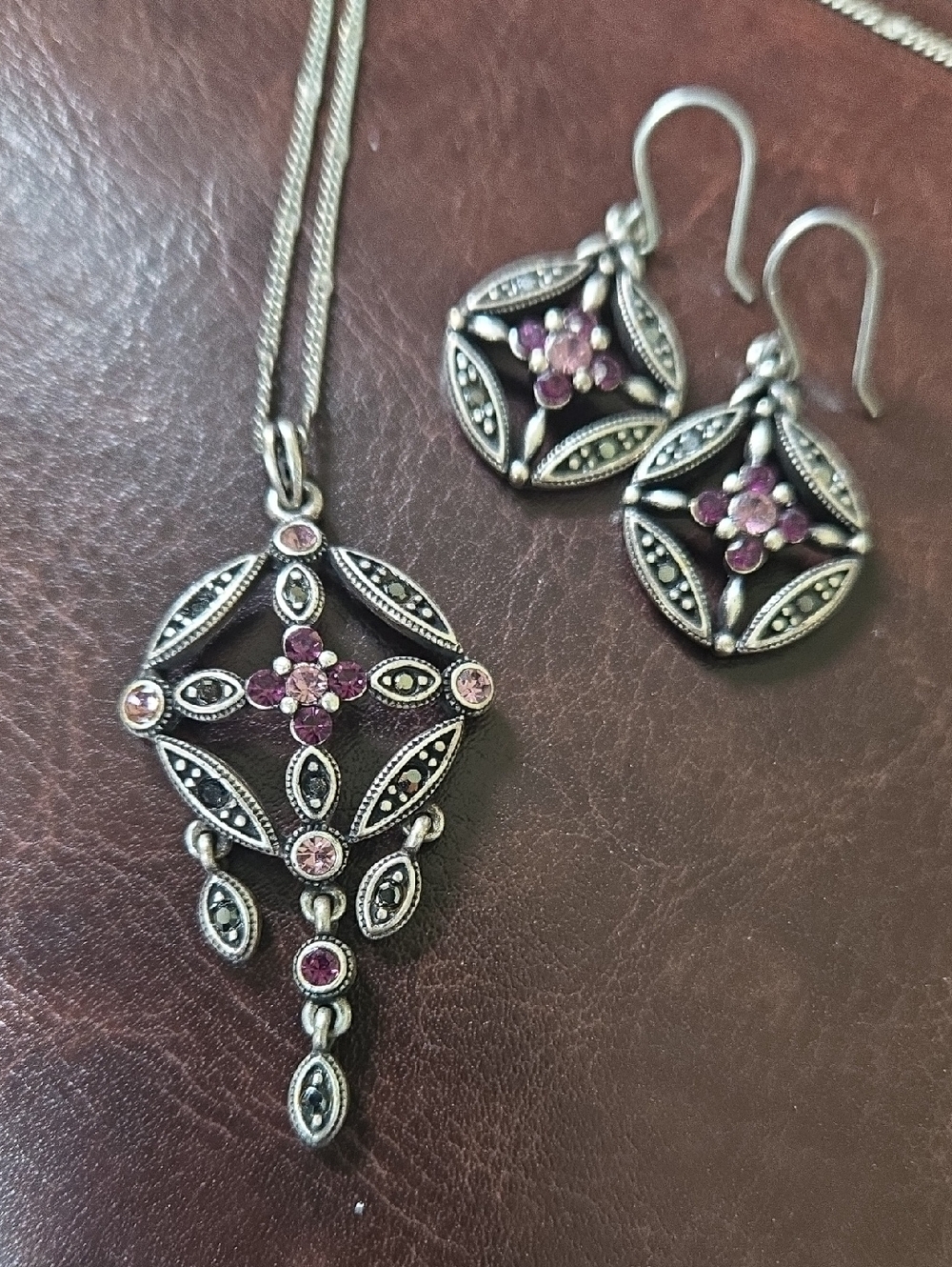 Vintage-Inspired Amethyst & Marcasite Pendant Necklace and Earring Set #M2